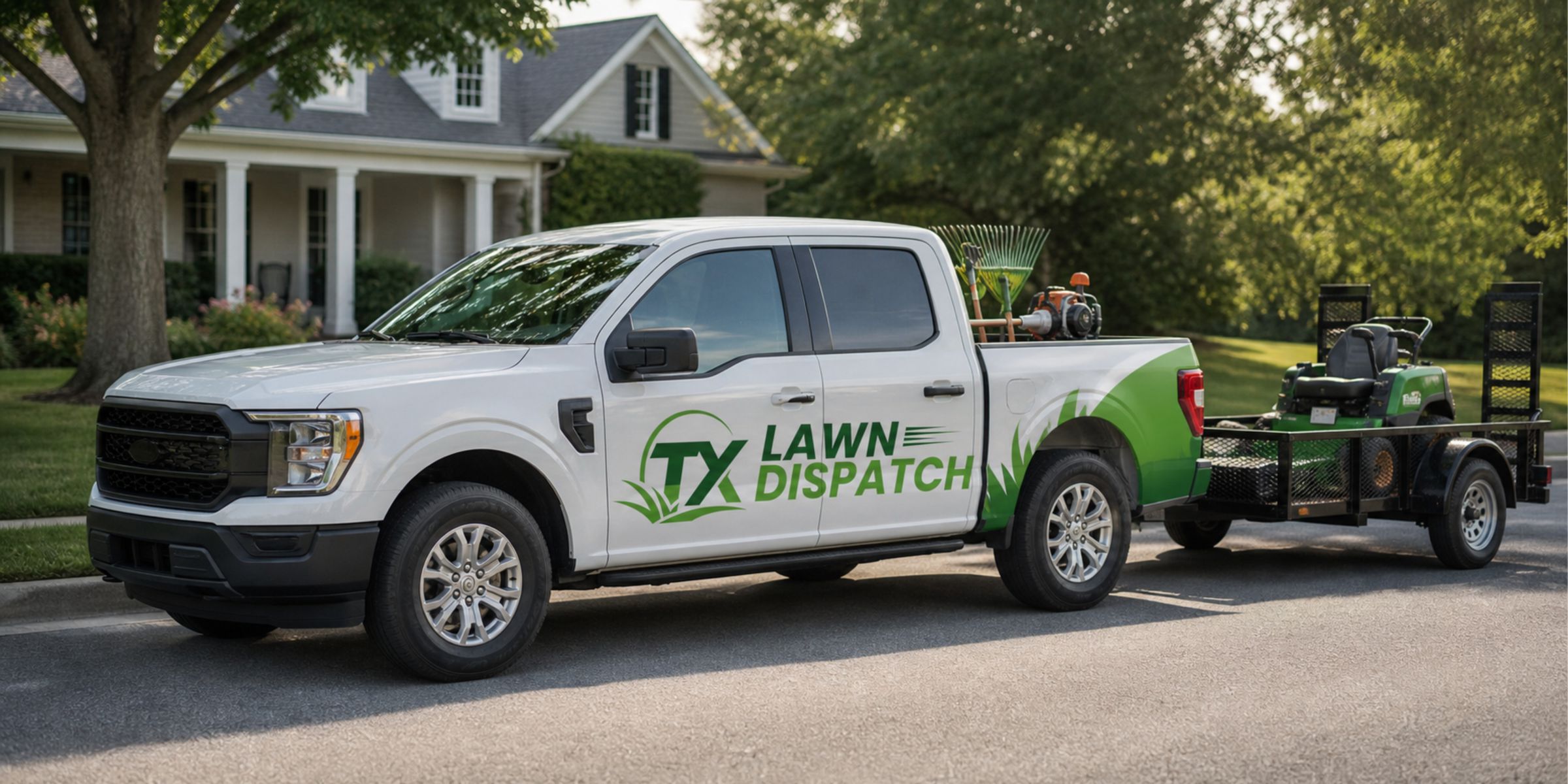 Freshly mowed North Dallas lawn with striped grass and mature trees